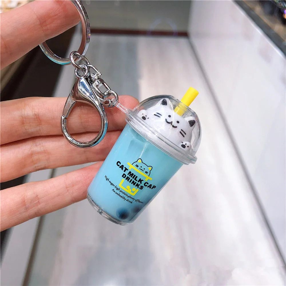 Брелок для ключей с милым мультяшным котом, креативным молочным чайным стаканом, жидким кристаллом, зыбучим песком, пайетками, брелок для ключей, сумка, Подвеска для женщин, брелок для ключей - Цвет: blue