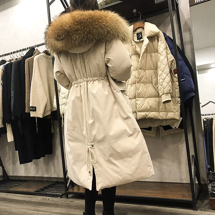 Dongdaemun женское пуховое пальто, пальто с ромбовидным принтом, корейский стиль, модный большой меховой воротник, белый утиный пух, длинный пуховик