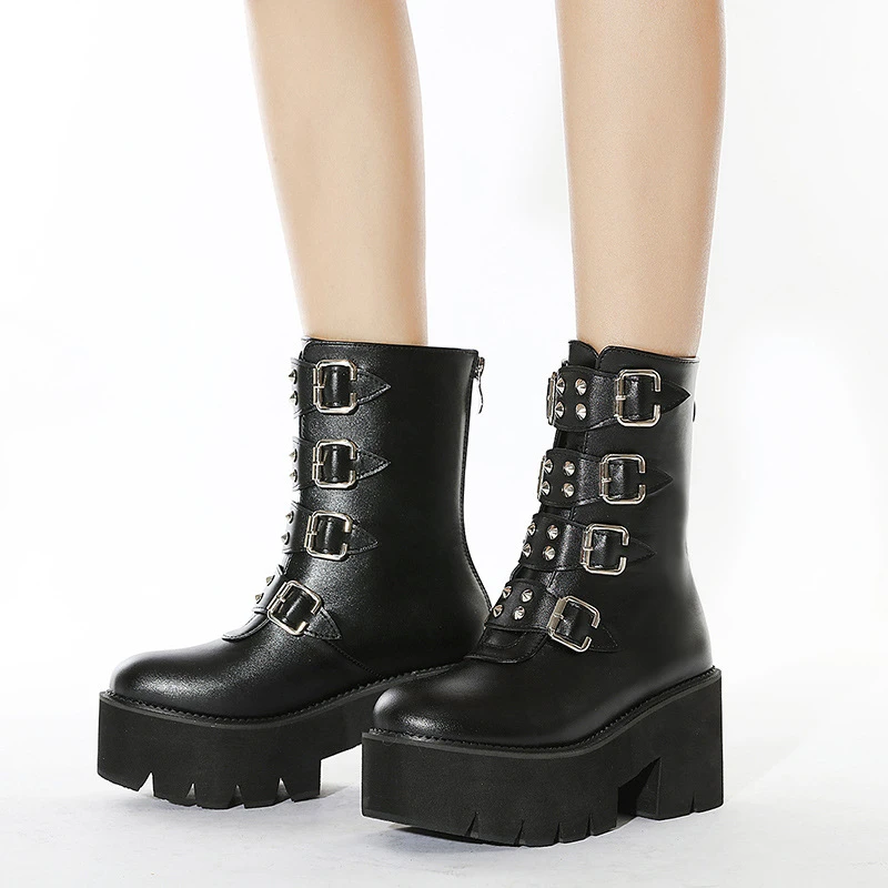 Botas plataforma gótica Punk para mujer, de cuña con correa de Hebilla negra y cremallera, media pantorrilla, combate militar, Bootshi9, Invierno|Botas hasta el AliExpress