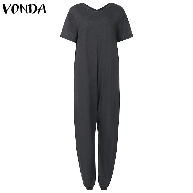 VONDA, женские комбинезоны, комбинезоны, женские комбинезоны, одноцветные, повседневные, свободные, с коротким рукавом, комбинезоны, широкие штаны размера плюс, Pantalon - Цвет: Темно-серый