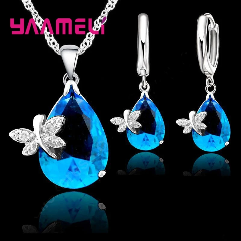 Real Pure 925 Sterling Silver Jewelry Sets Austrian Crystal Dragonfly Water Drop CZ Pendant Necklace LeverBack Hoop Earrings Fashion Jewelry Sets best of sale