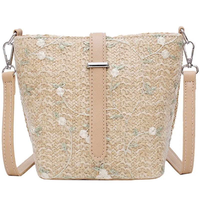 

ABZC-Ladies Beach Lace Embroidered Decorative Straw Bucket Bag Square Bag Beach Messenger Bag