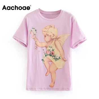 

Summer Angle Printed Cute T Shirt Women Casual Short Sleeve Harajuku Tshirt Loose O Neck Cotton Linen Top Camisetas Mujer