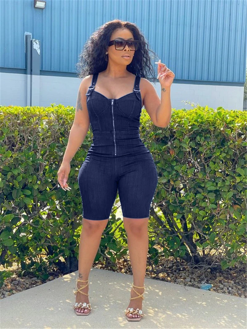 Summer Denim Jumpsuit for Women Overalls Salopette Straps Zipper Backless  Playsuits Shorts Elastic Skinny Casual Jeans Rompers - AliExpress