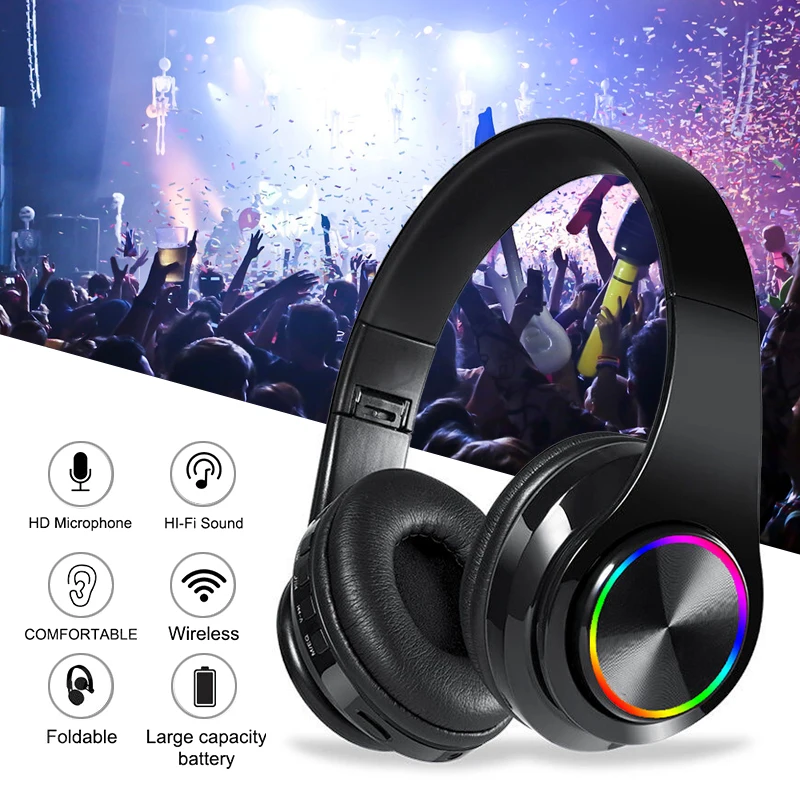 

B39 LED Colorful Breathing Lights Portable Folding Built-in FM Wireless Bluetooth Headphones With MIC Support TF Card Mp3 Player