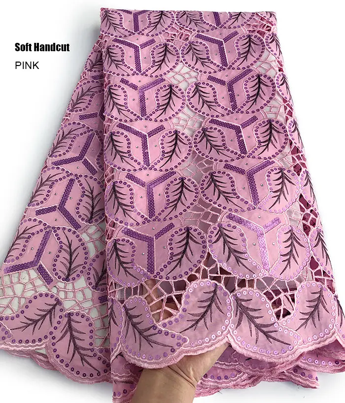 pink 5 ярдов, армейский зеленый, мягкий, ручной работы, органза, кружево, вырез, дырочка, африканская ткань с крупным кружевом, с блестками, нигерийская одежда для шитья - Цвет: pink