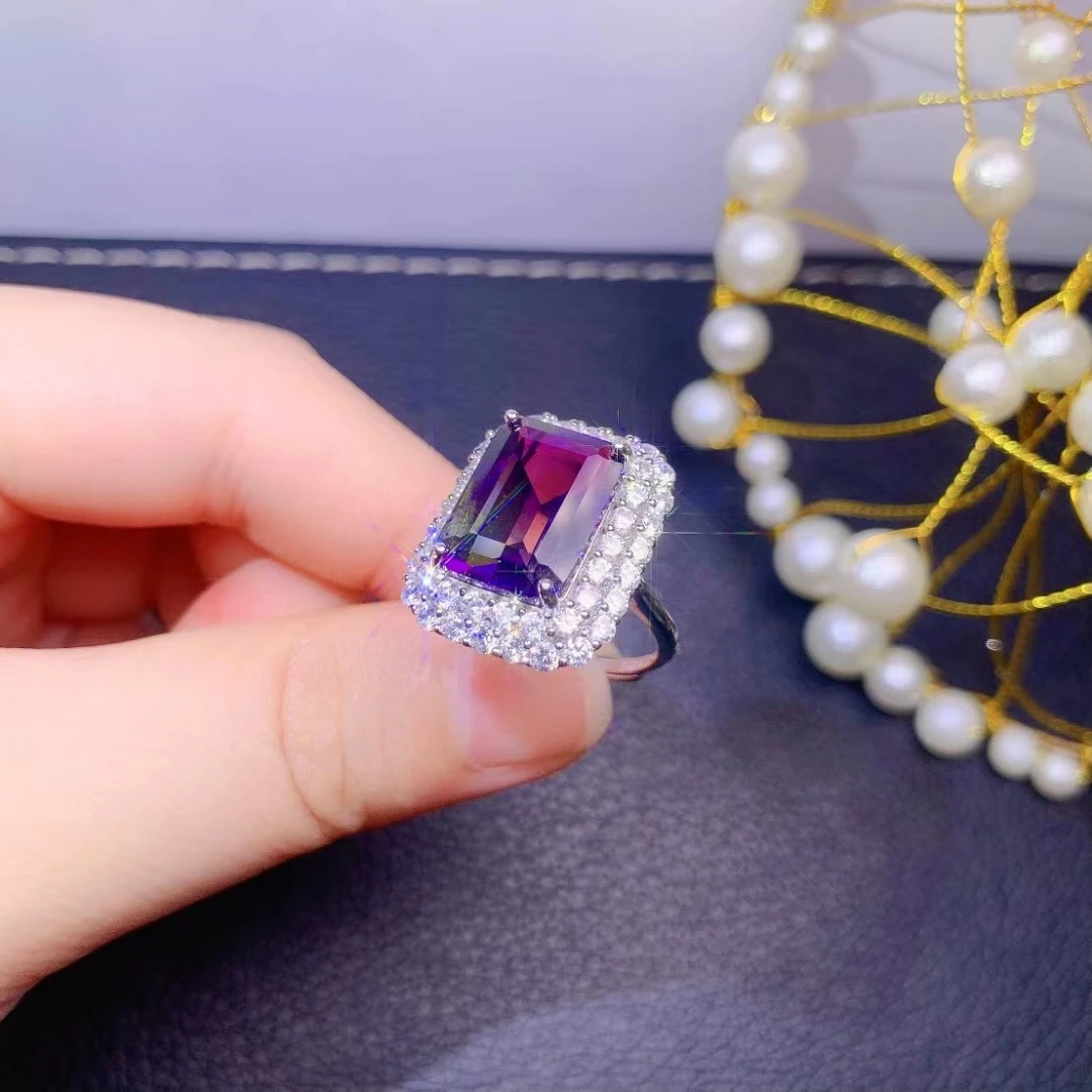 Fine Jewelry 925 Sterling Silver Inset With Gemstone Women's Luxury Vintage Rectangle Ametrine Adjustable Ring Support Detection