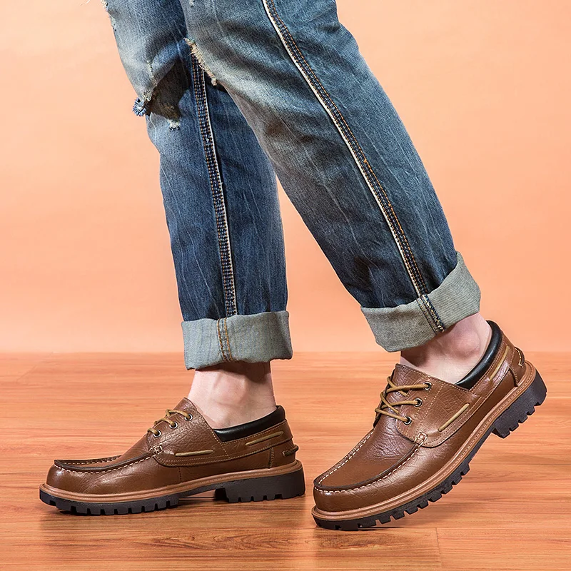 Large Size Luxury Brand Leather Boat Shoes British Style Handmade Fashion Casual Flats  4#15/15F50