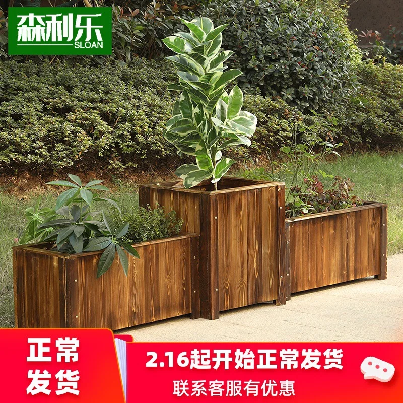 

Wood Preservative Flower Box Rectangular Extra Large Outdoor Courtyard Planting Balcony Planter Carbonated Solid Wood Vegetables