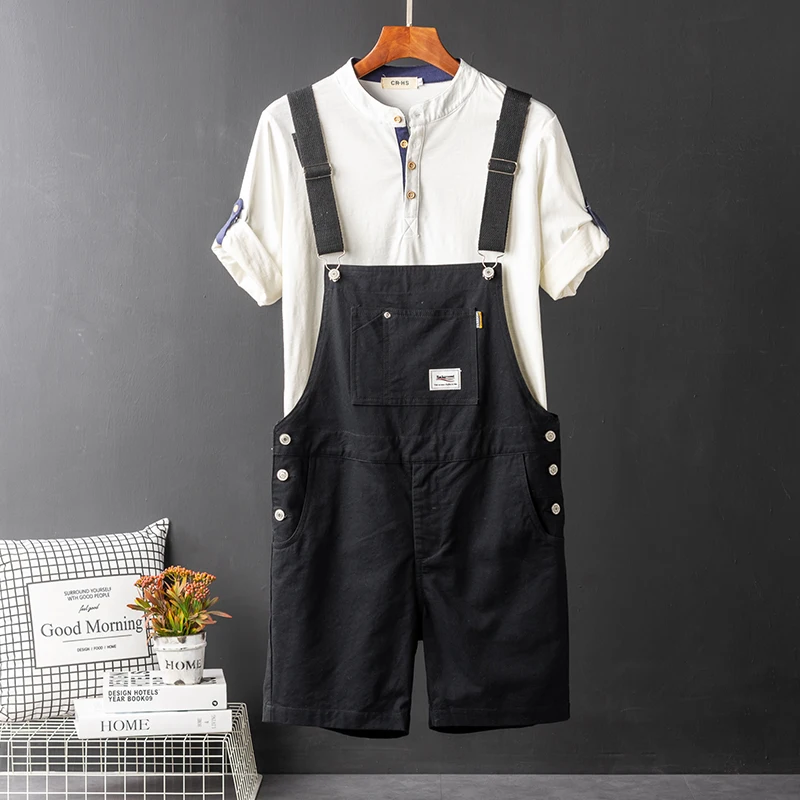 2021 Summer Overalls Shorts For Men Bib Jumpsuits Cotton Straight Loose Red Orange Yellow Khaki Male Solid Casual Pants Clothing