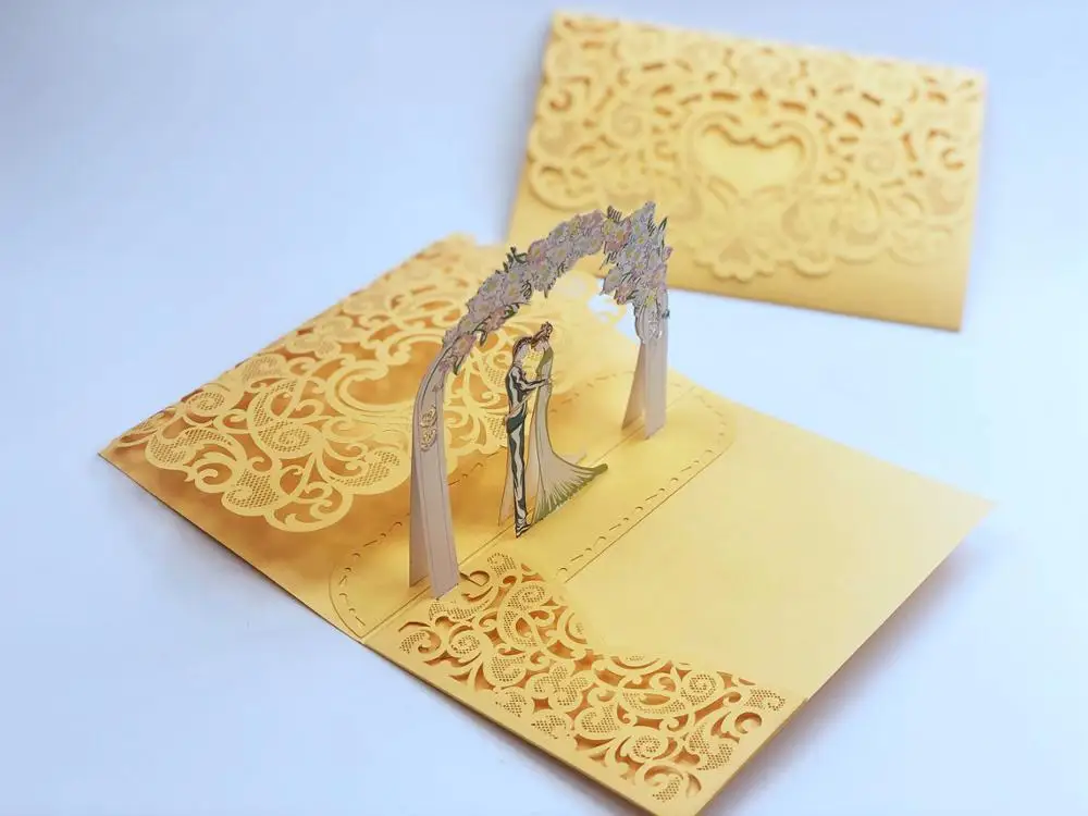  Free Shipping 1x gold/Navy blue/gray 3D POP UP Card Burgundy Fold Pocket Wedding Invitation Card La - 4.00042E+12