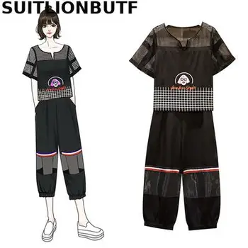 

Suitlionbutf 2020 Summer Plus Size Two Piece Set Mori Girl Hollow Loose T Shirt Elastic Waist Grid Hollow Pants Ropa Mujer Sets