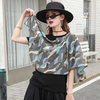 

WOMENGAGA 2020 Summer New O-neck T-shirt Patchwork Print Pleated Pullover Asymmetry Casual Loose Personality Solid Fashion A435