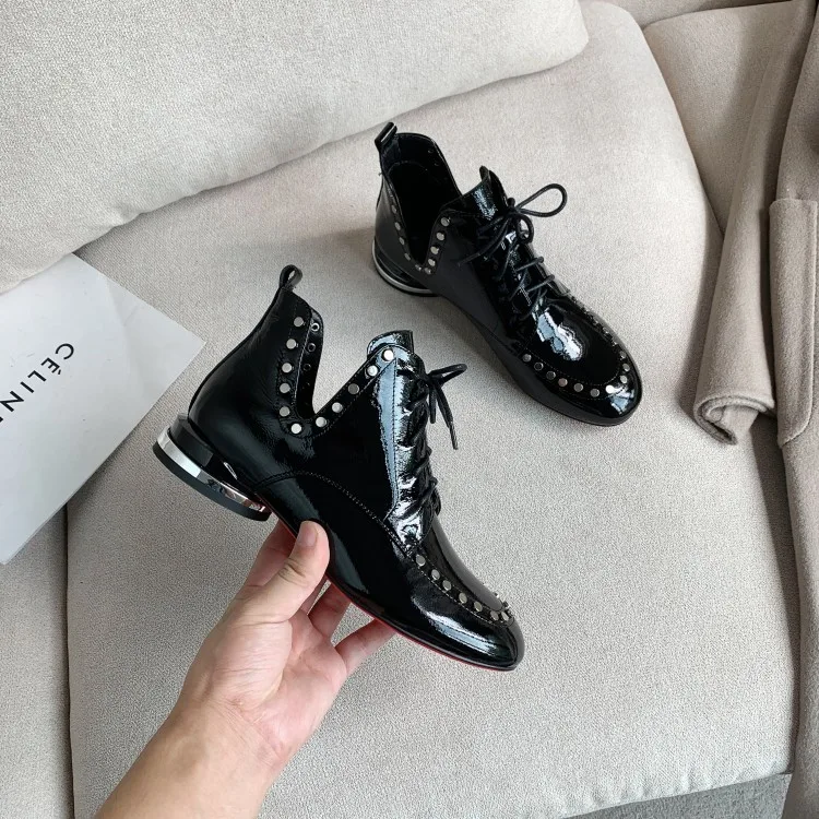 

MLJUESE 2020 women ankle boots Cow leather winter short plush lace up round toe rivets high heels female boots wedding
