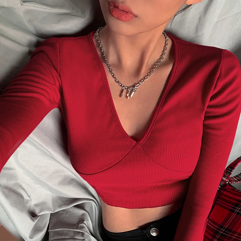 

Hot sale 2020 Spring new womens tops and blouses England style Full-sleeve sexy V-Neck dew Navel slim Solid wild shirt blouse