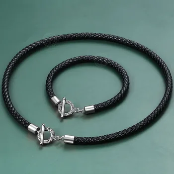 

DI-350 Black Braided Leather Choker Bracelet Set for Men Women Stainless Steel Unique Toggle Clasp Necklace