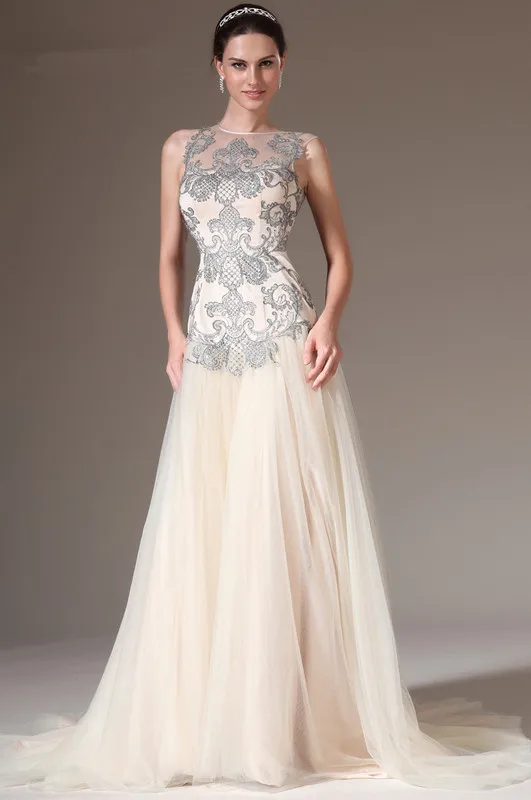 Elegant Evening Dresses A-line Tulle Lace See Through Long Dubai Saudi Arabic Evening Gown Prom Dresses