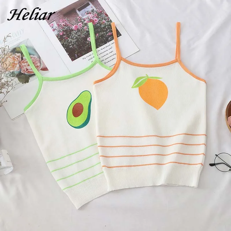 HELIAR camhetti Camisoles Летняя женская трикотажная Полосатая майка с круглым вырезом Женская майка с фруктовым принтом без рукавов Femme Camis
