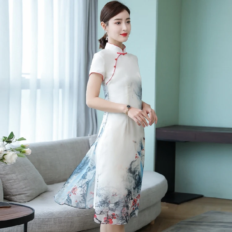 Китайское платье Ципао современное Цветочное платье с воротником мандарин короткий рукав Ципао облегающее платье vestdio воротник Мандарин - Цвет: color1