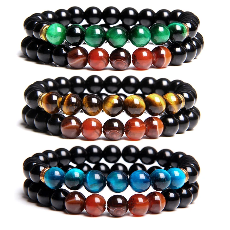 8 mm Gold Tiger Eye Stone Beads Bracelets For Women Friendship Bracelet Men Natural Energy Polished Black Onyx Bangle Jewelry | Украшения и