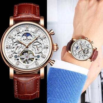 

KINYUED Moon Watch Men Tourbillon Clock Automatic Mechanical Watches Mens Leather Rose Gold Skeleton Business relogio masculino