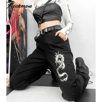 

Rockmore Dragon Printed Cargo Pants Women High Waist Trousers Drawstring Wide Leg Pants Chinese Style Streetwear Winter Autumn