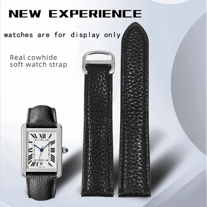 

17 23 25mm Watch Strap Black Genuine Leather Wristband Folding Buckle For Cartier Tank Solo Male's Watchbands Quick Release