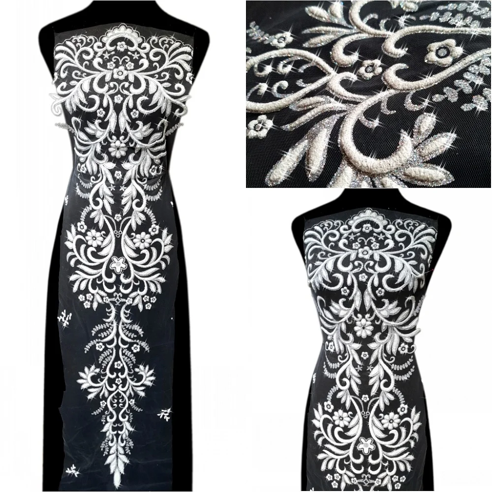 

LONG White Frence Fabric Lace Trimmings 29x116cm Sequins Patches Designs Appliques For Prom Ball Gown Wedding Dress Costumes Diy