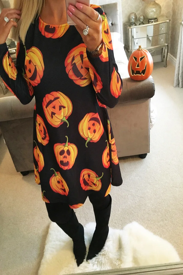 

halloween dress women pumpkin clothes vintage print o-neck casual elegant plus print long sleeve dresses 2019 fashion