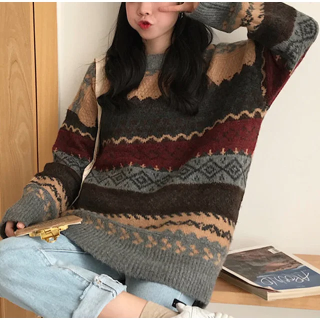 Vintage Oversized Knitted Pullover Women's Sweater Y2k Geometric O-neck  Loose Sweaters Female 2021 Autumn Lady Knitwear Jumpers - Pullovers -  AliExpress