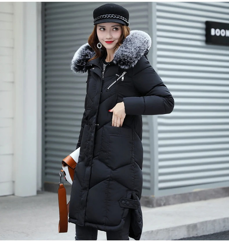 Fashion hundred-ride down jacket new Medium-length Winter thicken jacket fur collar hooded coat - Цвет: Black