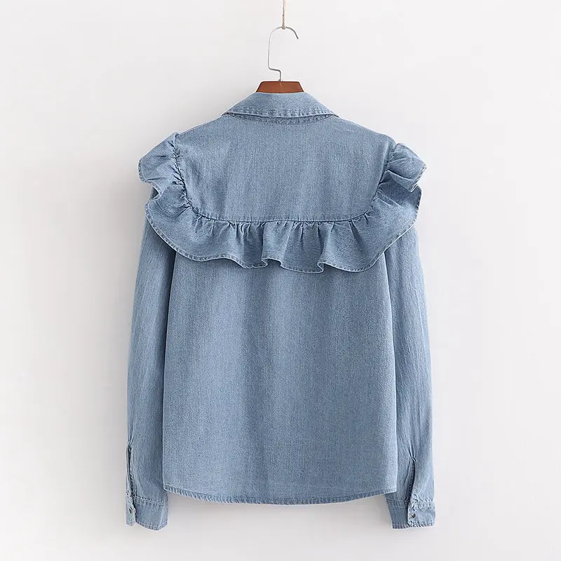  Fashion Za 2020 women Shirt Blue Blouse Clothing for Women Tops Turn Down Collar Denim Blouses Cott