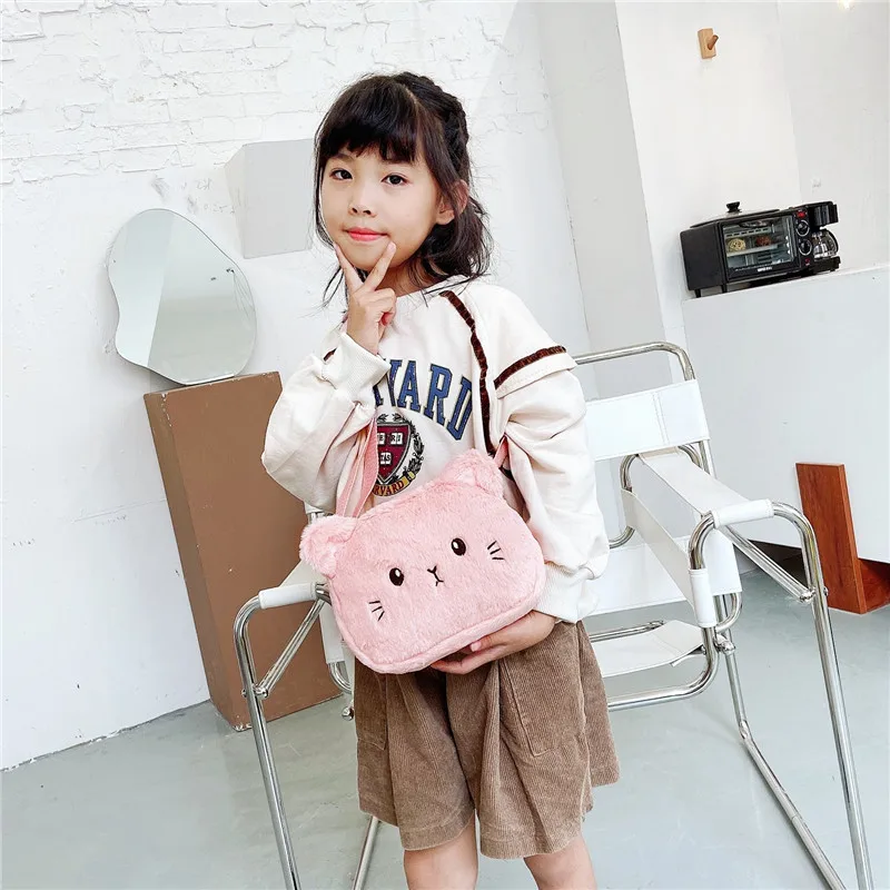 Cute Soft Plush Childrens Shoulder Bag Cartoon Cat Baby Girls Messenger Small Bags Winter Fashion Boys Kids Handbags Coin Purse