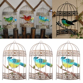 

3xBird in Cage Wall Art Decor Iron Metal Hanging Ornament Garden Decor Sculpture