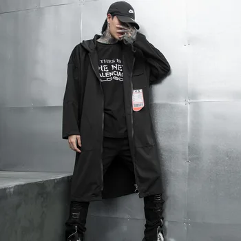 

Male Streetwear Hip Hop Punk Cardigan Coat Ribbon Windbreaker Men Autumn Long Shawl Hooded Trench Jacket Outerwear Stage Clothes