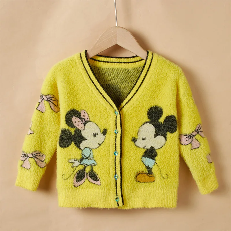 Disney свитер для девочки Бархатный жакет, кардиган, кофта, v-образный вырез, толстый свитер; сезон осень-зима с рисунком Микки Мауса Мышь Детская куртка для мальчиков