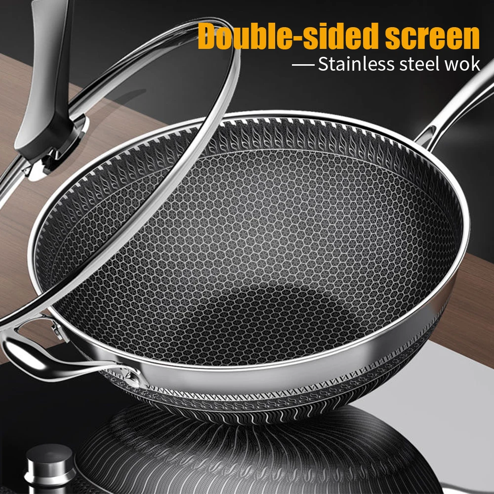 PROD 1005002384620121 Non-stick Pan Double-sided Honeycomb 304
Stainless Steel Wok Without Oil Smoke Frying Pan Wok Without Phosphorus
Cookware Tools