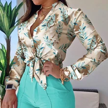 

2021 Women Casual Loose Spring Tshirts Female Temperament Long Sleeve V-neck Clothing Sexy Street Floral Printed Tie Knot Tops