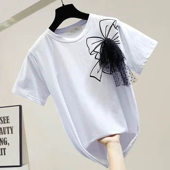 

Beaded Mesh with Bow Short Sleeve T-shirt for Women 2020 New Female Top Ladies Tops Cotton Tshirt Summer Top