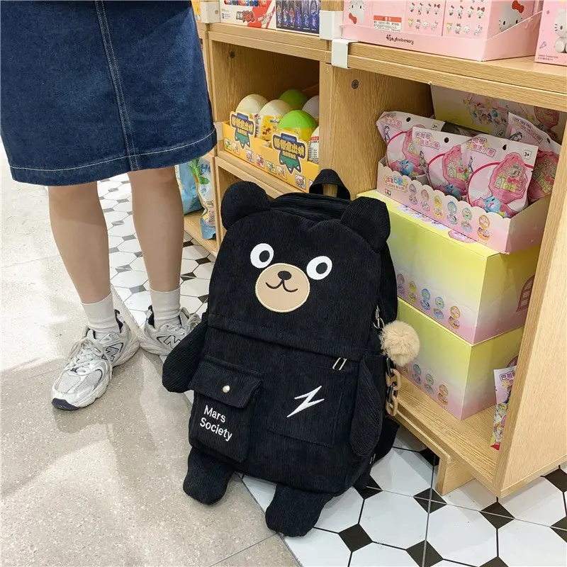 Japanese Corduroy Bear Backpacks for Cute Women Multi-pockets School Bags Large Capacity Backpack Teenger Girls Schoolbag Female stylish eco friendly backpacks