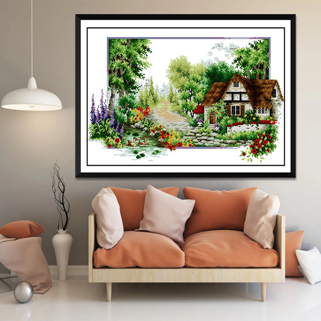 Full Range of Embroidery Starter Kits Stamped Cross Stitch Kits Beginners for DIY Embroidery (Garden House Pattern Designs)