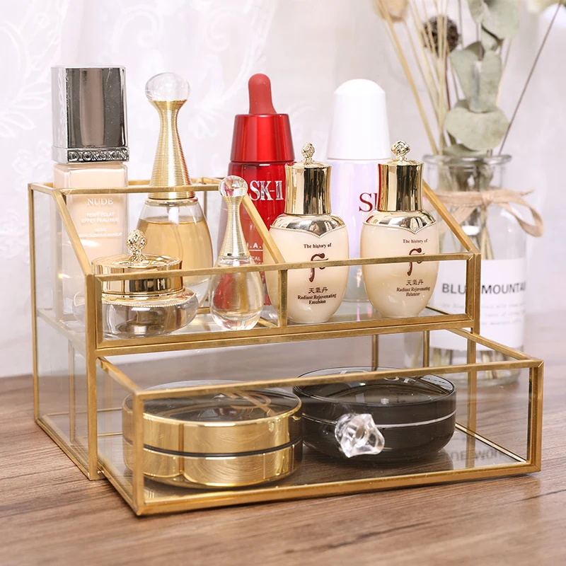 Nordic Glass Cosmetic Organizer Bathroom Perfume Nail polish Lipstick Storage  Drawer Case Dust-proof Makeup Storage Tools
