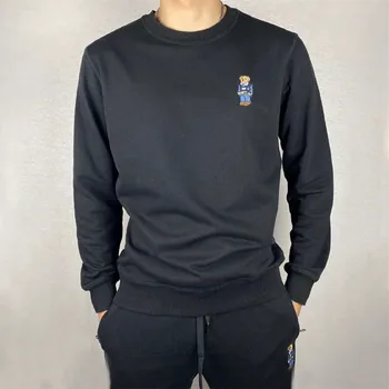 

Homme Autumn Winter Men's New Bear O-Neck Solid Color Embroidery Thin Flannel Sweater+Pant Set hombre