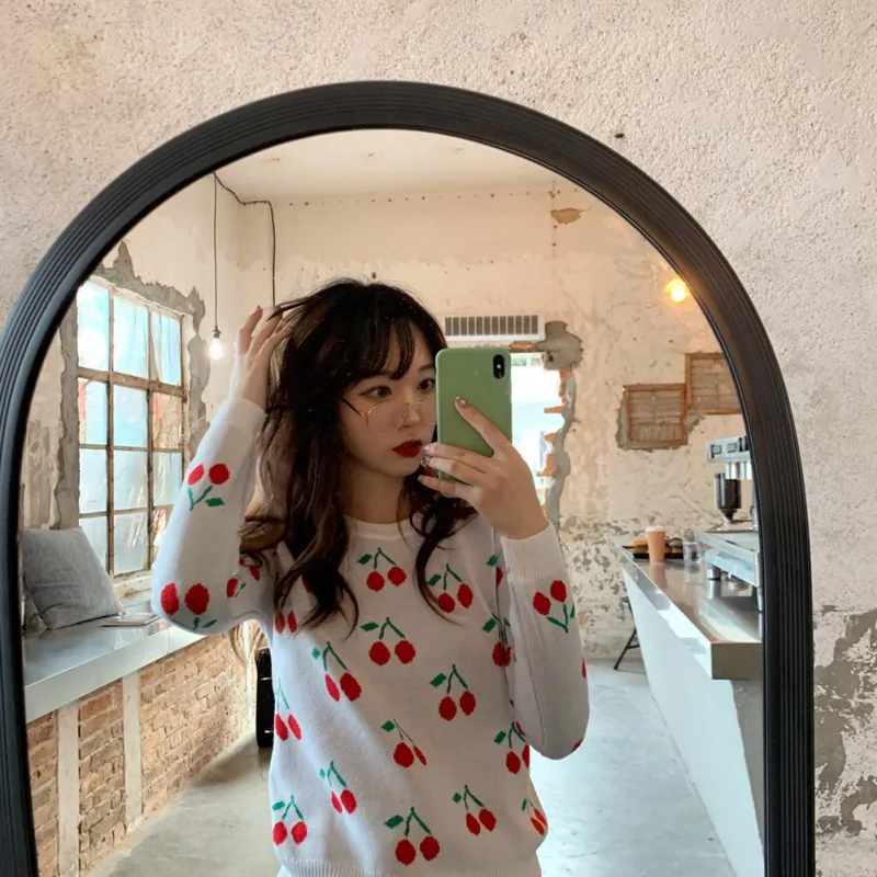Women Cherry Vintage Pullover Sweater Female Knitted Jumper Autumn Oversize Casual Ladies overalls Women Cherry Vintage Pullover Sweater Female Knitted Jumper Autumn Oversize Casual Ladies overalls