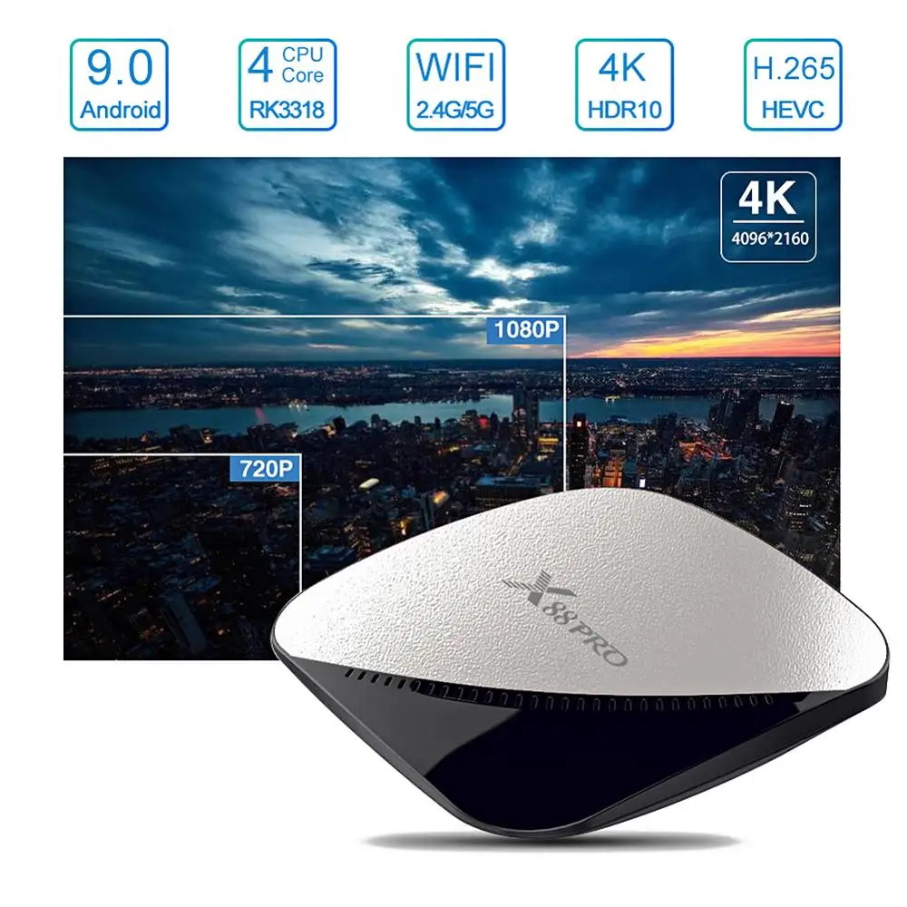 Android ТВ коробка, X88 PRO Android 9,0 4 Гб Оперативная память/64 GB Встроенная память RK3318 Quad-Core Поддержка 2,4G/5,0G, Wi-Fi, Ethernet 10/100 м DLNA 3D 4K мини ТВ