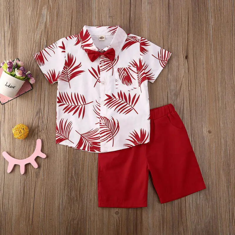 

Kid Baby Short Sleeve Cartoon Leaf Shirts Tops Blouse Boys Shorts Suit 2pcs Casual Outfit Clothes Children Summer Boy Red Sets
