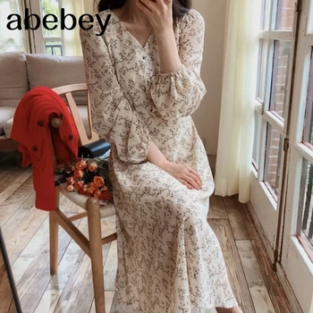 

Vintage V-neck Buttons Lace-up Female Chiffon Dress Full Sleeve Midi Dress Elegant Casual Floral Print Women Dress 2020