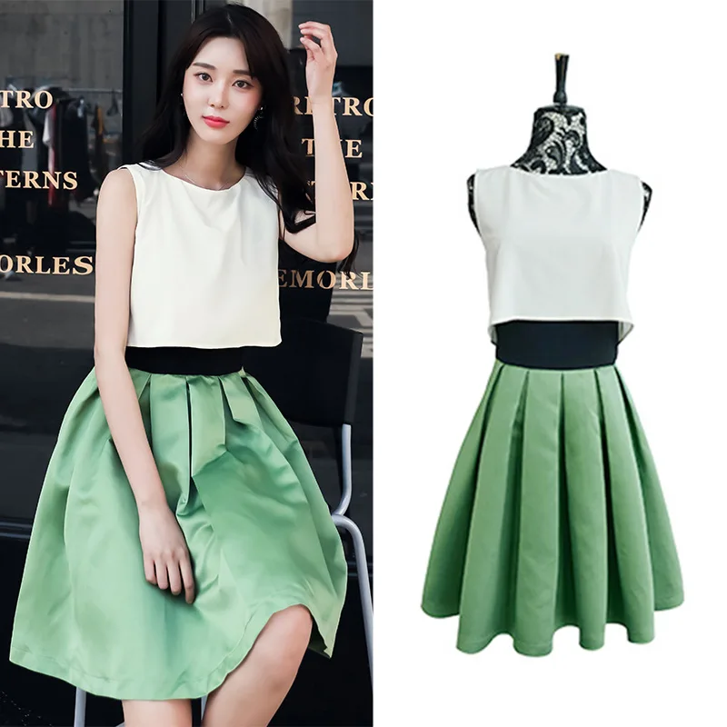 

Dress 2018 Summer Wear New Style Debutante WOMEN'S Dress Fake Two-Piece Crew Neck Fashion Pleated Skirt