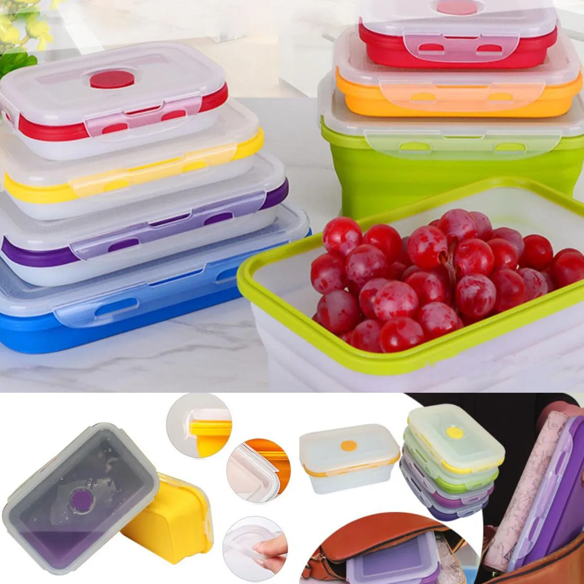 Силиконовый складной контейнер для обеда контейнер для хранения еды Bento BPA бесплатно Microwavable Портативный Пикник Кемпинг Открытый ланч бокс 4 шт