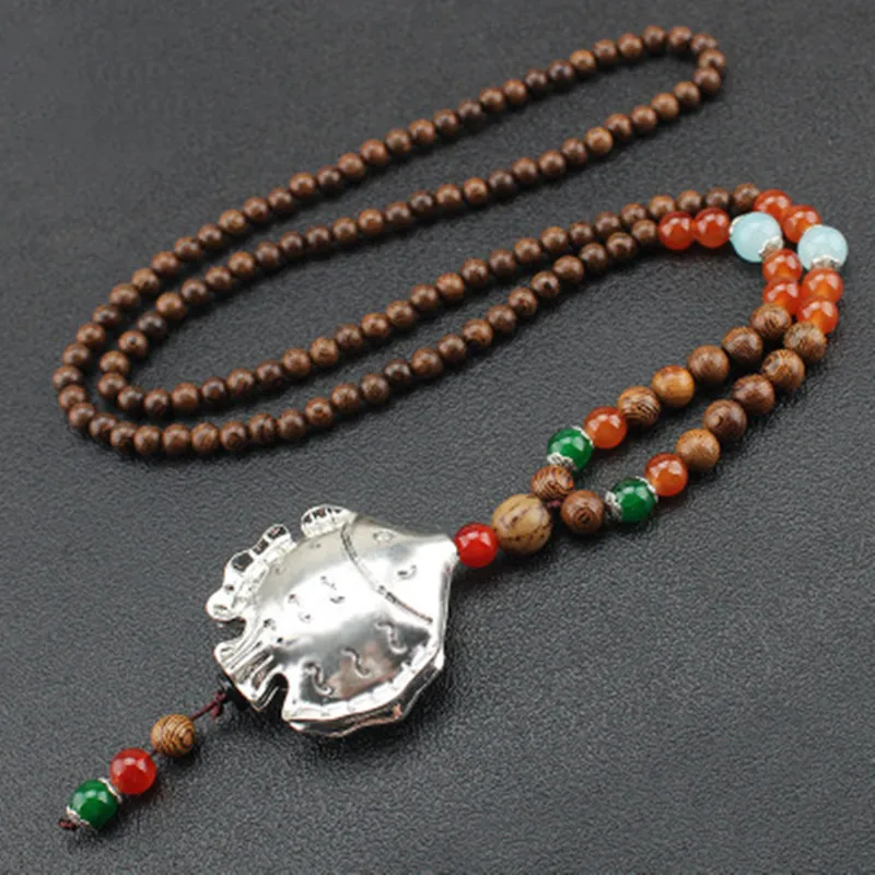 Vintage-Handmade-Nepal-Necklace-Buddhist-Mala-Wood-Beads-Pendant-Necklace-Ethnic-Horn-Fish-Long-Statement-Jewelry